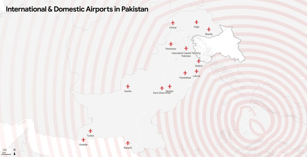 Map showing major civil airports of Pakistan