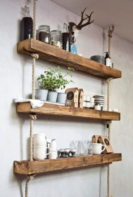 Wooden shelves with ropes - rustic home decor