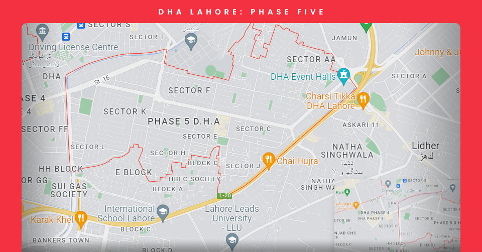 The demarcated area of DHA Lahore Phase 5