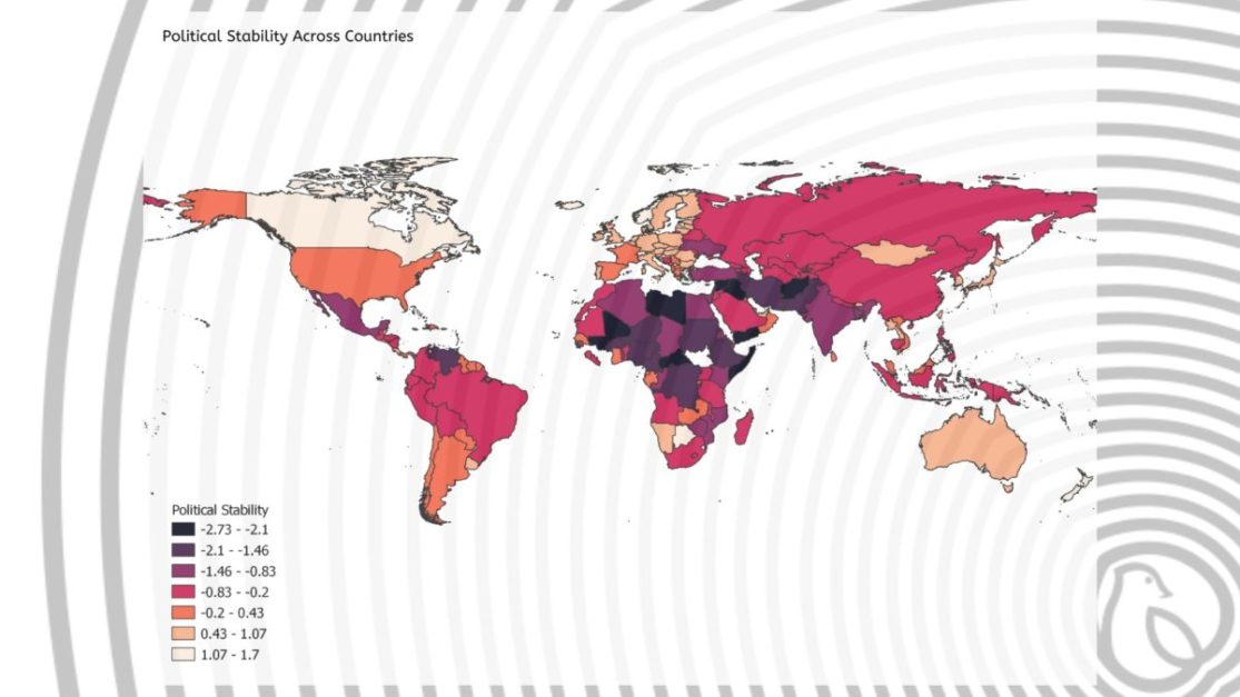 A choropleth map of the world showing political stability scores of different countries