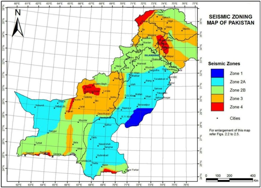 GIS map showing 5 seismic zones of Pakistan as per the building codes