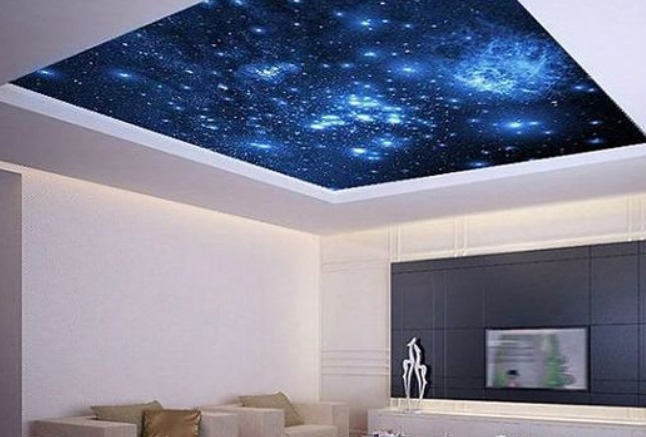 a galaxy patterned ceiling of a room