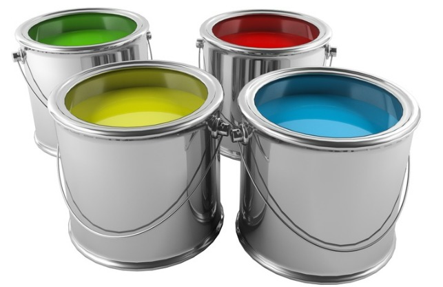 Four paint buckets of red, blue, green, and yellow colour
