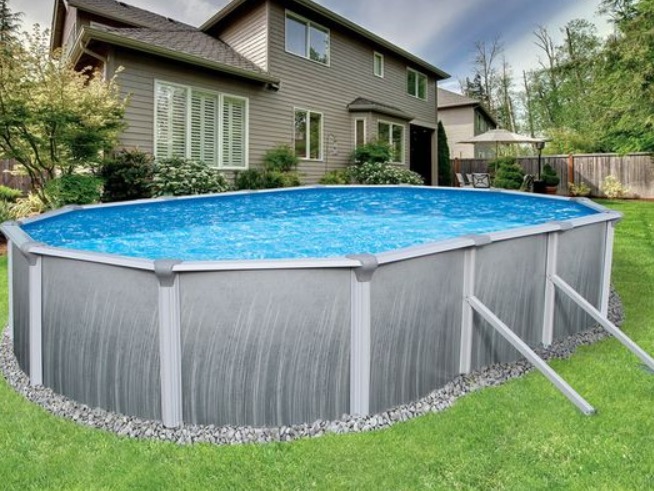 a stainless steel pool outside a house