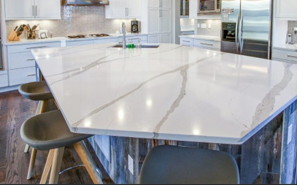 a kitchen island counter made of quartz