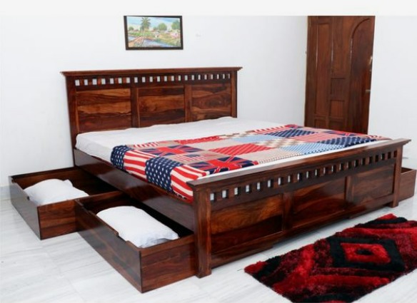 Sheesham wood bed with bedside drawers