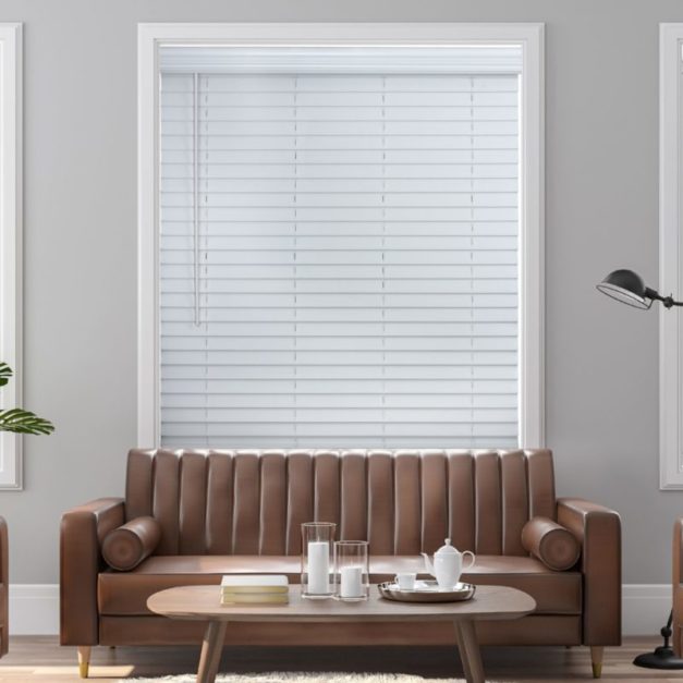 White window blinds of a living room