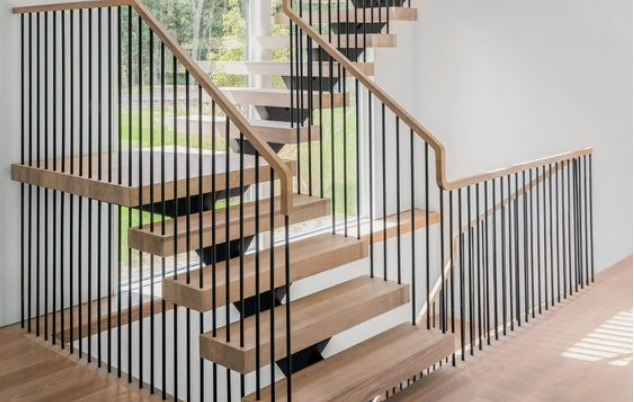 wood and steel railing in a house