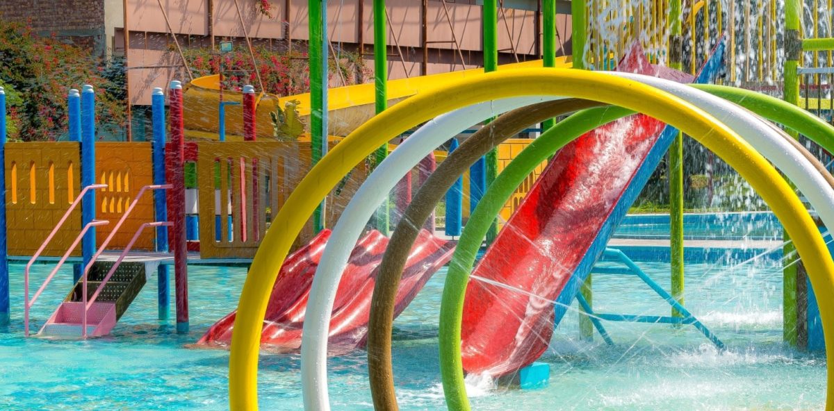 Coloured slides and water rings with wave pool