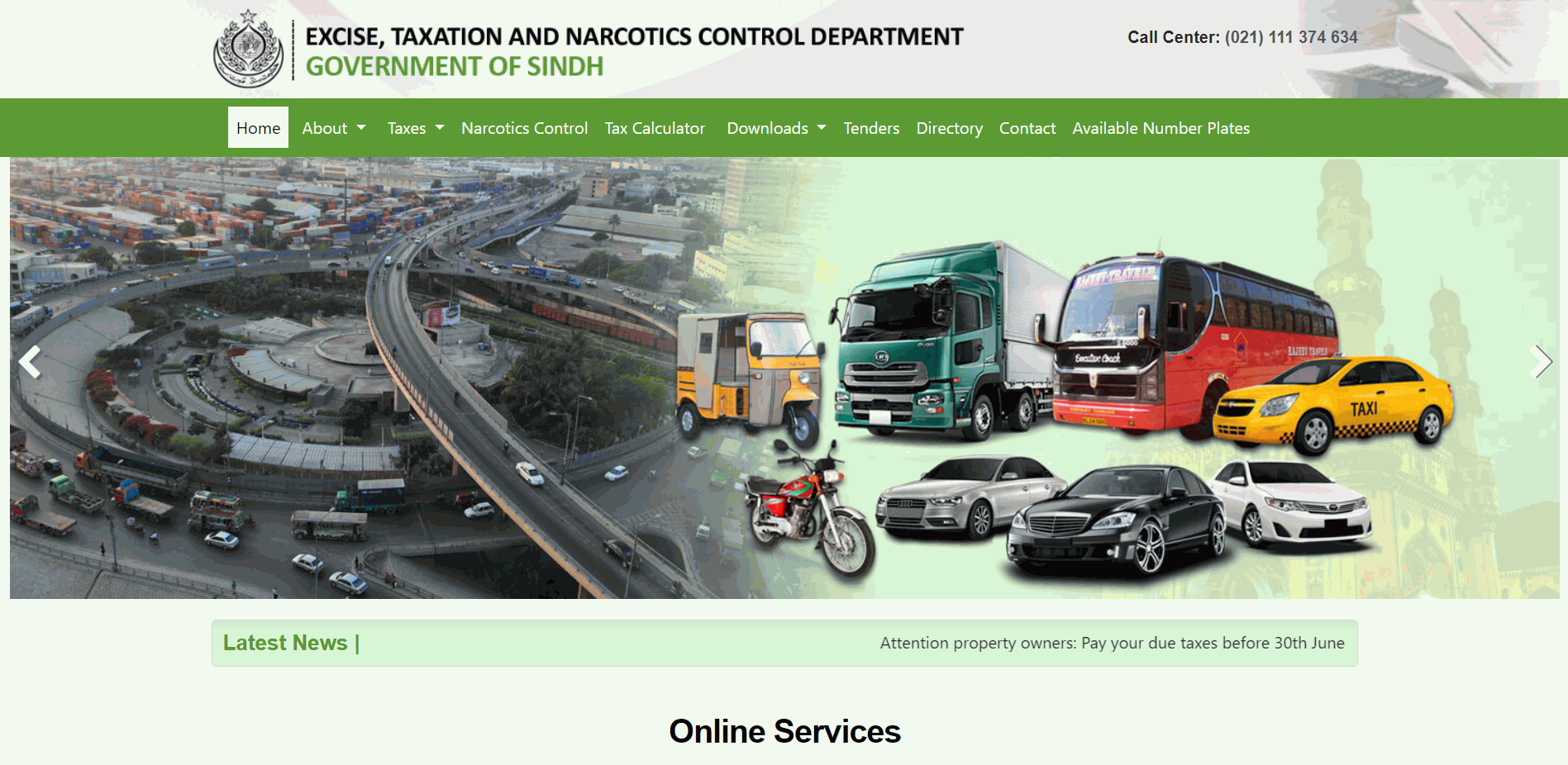 homepage of website of Sindh's taxation and excise department