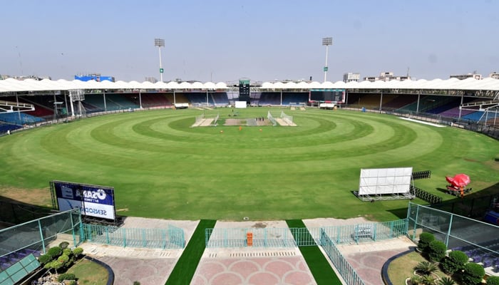 an empty national stadium in Karachi