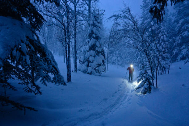 برفباری کے دوران ایک شخص فلیش لائٹ کے ذیریعے راستے پر چلتے ہوئے