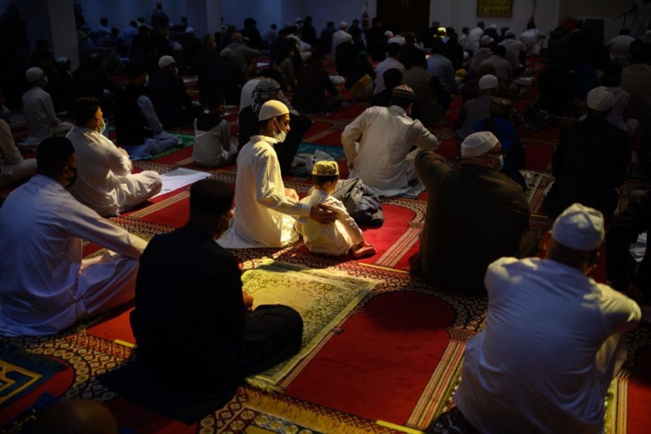 worshipers praying in mosque